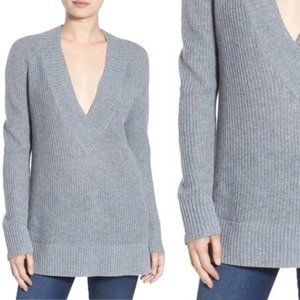BP Ribbed V-Neck Tunic Sweater Womens XS Gray Long Sleeve Knit Pullover BP345272